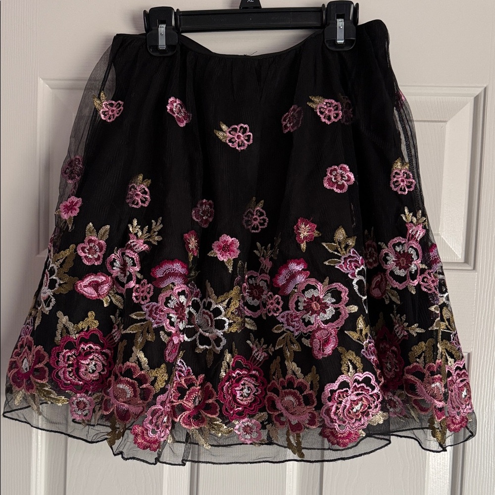 City Studio Black Skater Skirt with Pink & Gold Floral Embroidery